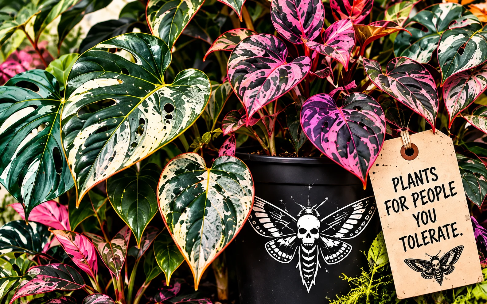 Variegated and pink foliage in a moth pot, with a Plants for People You Tolerate tag